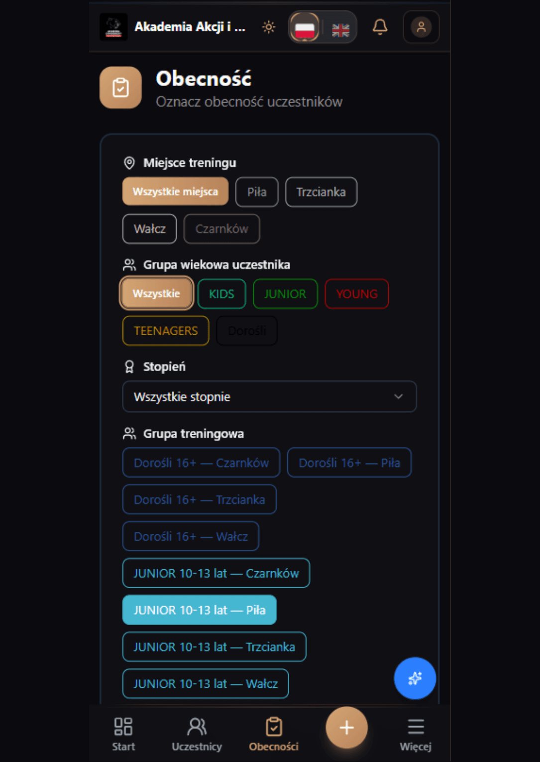 System obecności — wybór grupy i lokalizacji