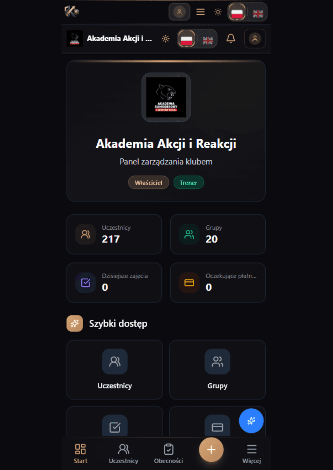 Panel główny Klubownika — statystyki klubu i szybki dostęp