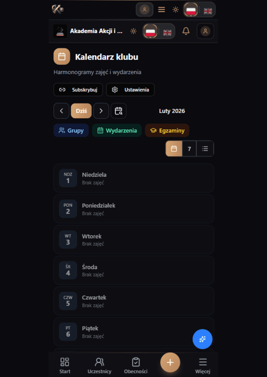 Kalendarz klubu — harmonogram zajęć i wydarzeń