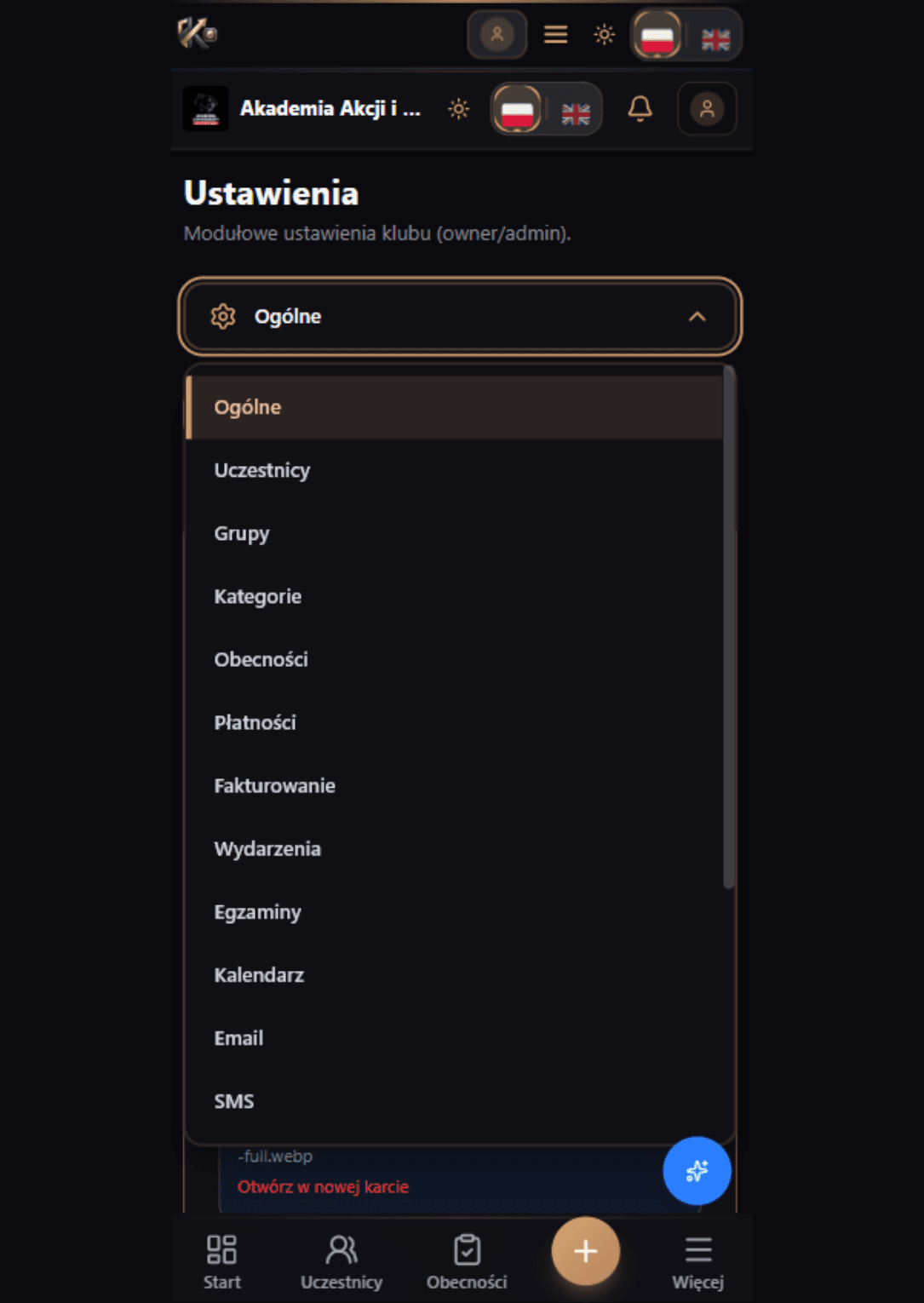 Ustawienia klubu — konfiguracja modułów