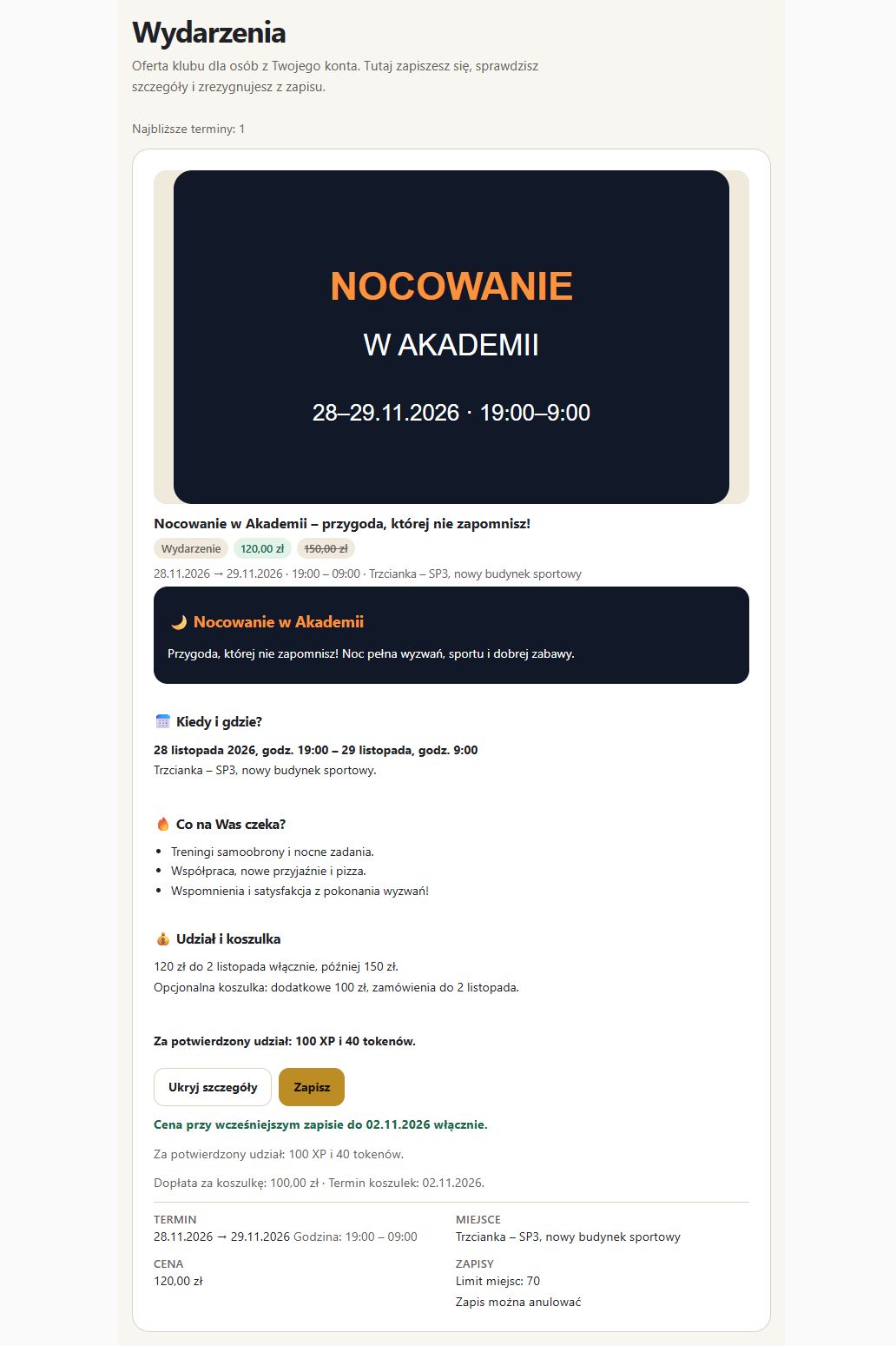 Plakat, opis HTML, niższa cena z terminem, koszulka i nagrody za udział