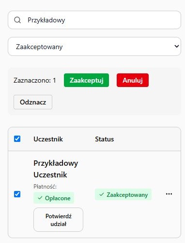 Lista zapisów na telefonie: po zaksięgowaniu wpłaty status Płatność pod nazwiskiem zmienia się na Opłacone; filtr i zaznaczenie pozostają