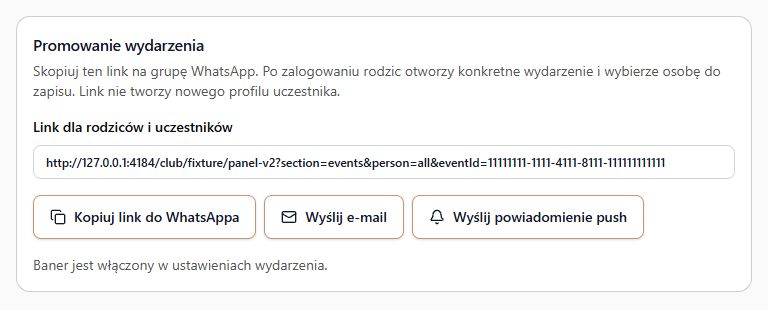 Link dla rodziców oraz przyciski wysyłki e-maila i powiadomienia push w szczegółach wydarzenia