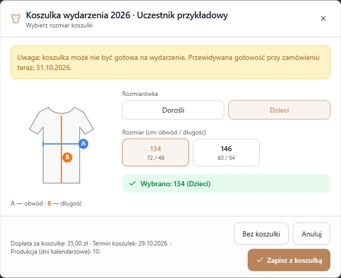 Wybór dziecięcego rozmiaru koszulki z widoczną dopłatą przed zapisem