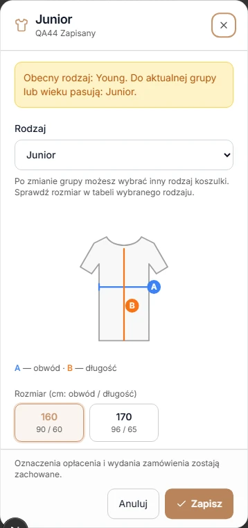 Edycja z podpowiedzi: Junior wybrany według reguł klubu, obecny rodzaj Young widoczny w ostrzeżeniu i przycisk Zapisz