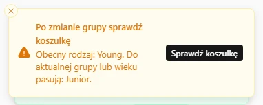 Podpowiedź po zmianie grupy: obecna koszulka Young, pasujący rodzaj Junior i przycisk Sprawdź koszulkę