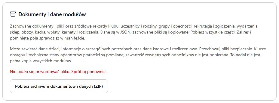 Błąd przygotowania części nie jest potwierdzeniem pobrania danych.
