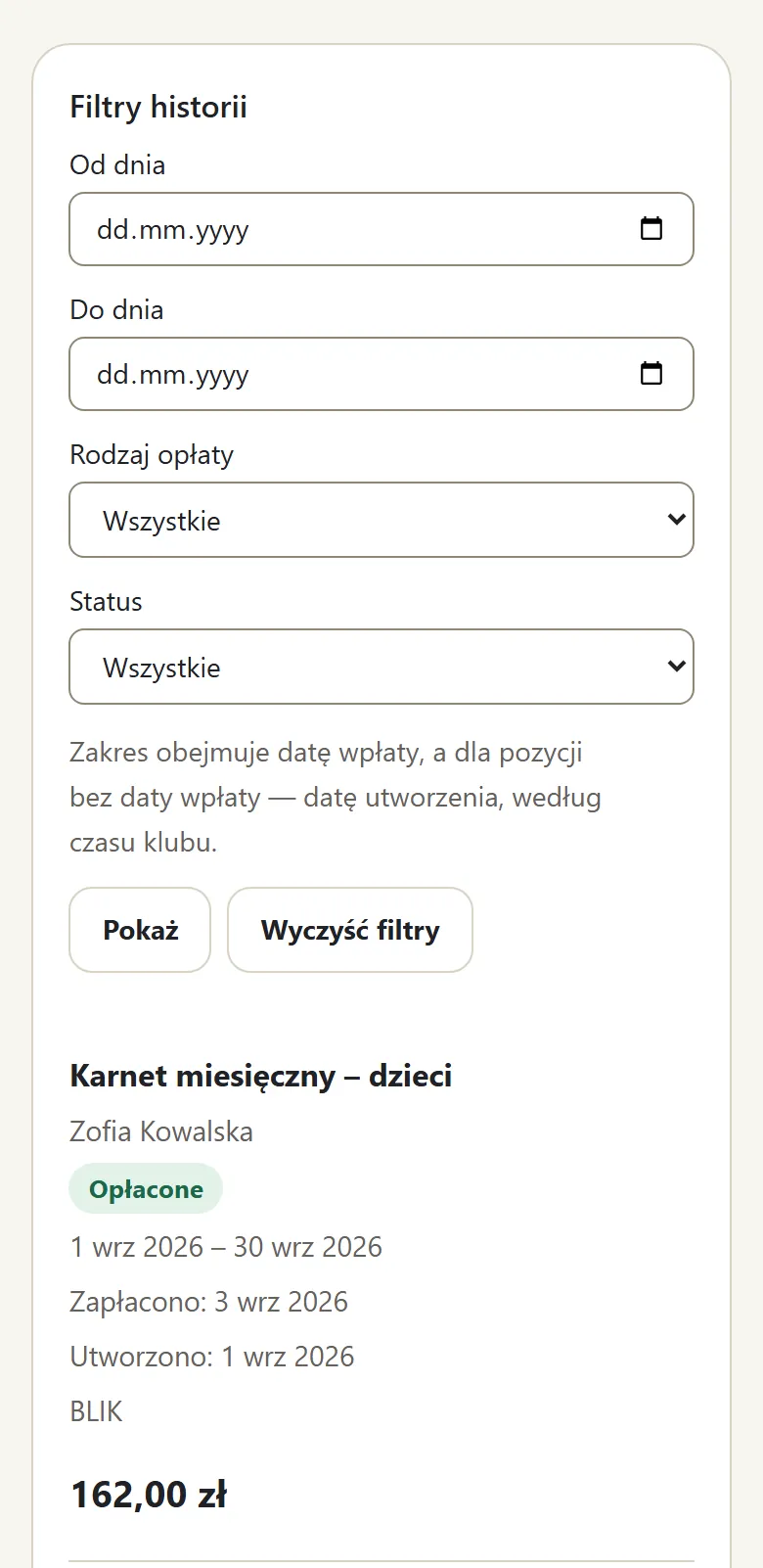 Historia płatności z filtrami