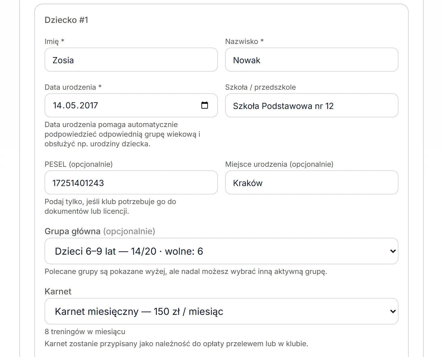 Dodatkowe dane dziecka i wybór karnetu