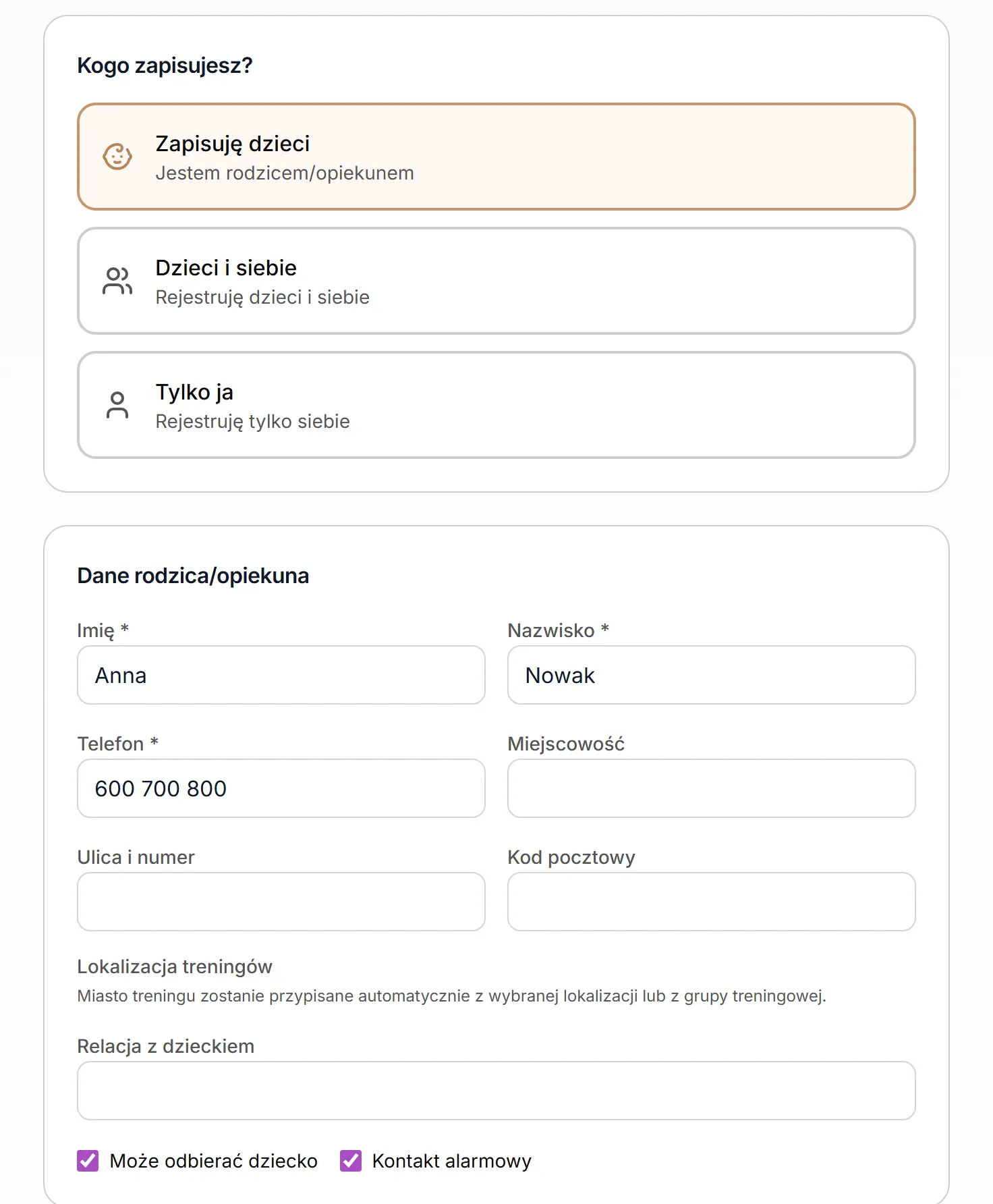 Formularz zapisu — kogo zapisujesz i dane rodzica