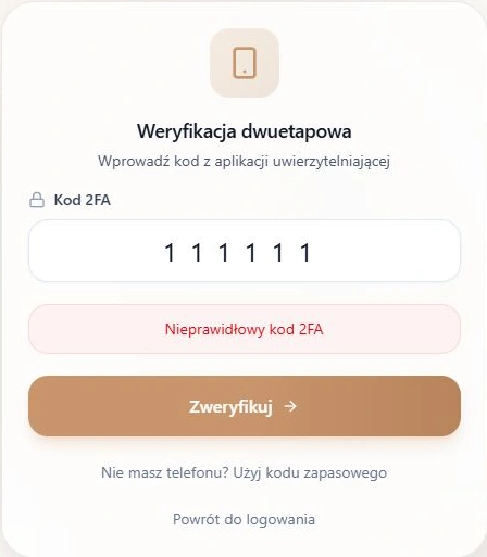 Błędny kod drugiego składnika — rzeczywista odpowiedź lokalnego serwera Auth, fikcyjne konto