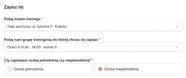 Formularz naboru — miejsce, grupa i wiek