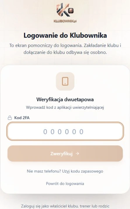 Drugi składnik logowania — kod z aplikacji uwierzytelniającej, odrębny od kodu naboru; fikcyjna sesja lokalnego stanowiska