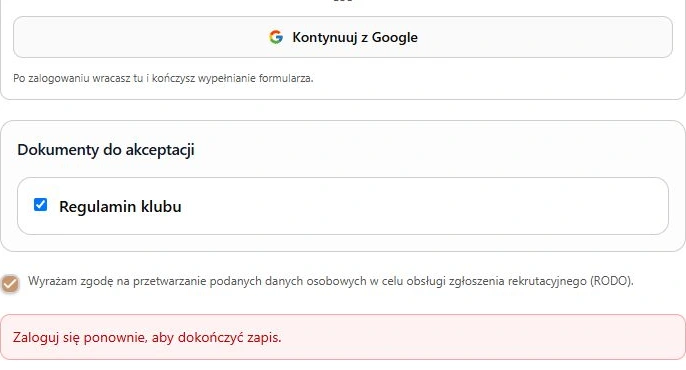 Brak potwierdzenia konta przy wysłaniu — rzeczywista odpowiedź kontrolera po lokalnym błędzie odczytu Auth; ponownie dostępne Google, bez zapisu zgłoszenia