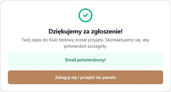 Nowe konto — potwierdzony adres i przejście do logowania; fikcyjne dane