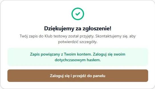 Istniejące konto — potwierdzone powiązanie zapisu, hasło pozostaje bez zmian; fikcyjne dane