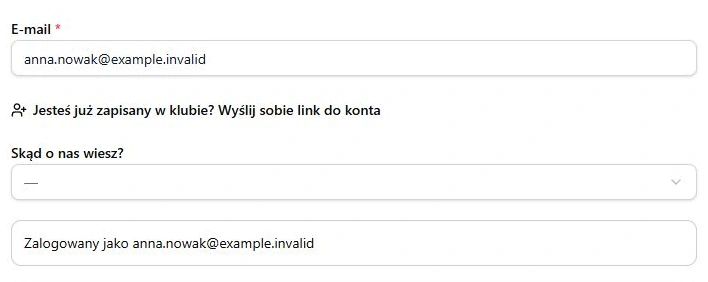 E-mail i Zalogowany jako — rzeczywista lokalna sesja Auth fikcyjnego konta, bez nowych pól hasła; zgłoszenie niewysłane