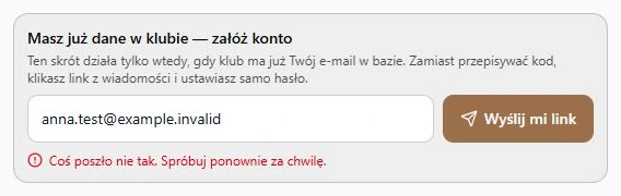 Błąd i możliwość ponowienia — rzeczywisty ekran przy kontrolowanej odpowiedzi HTTP, bez wysyłki zewnętrznej
