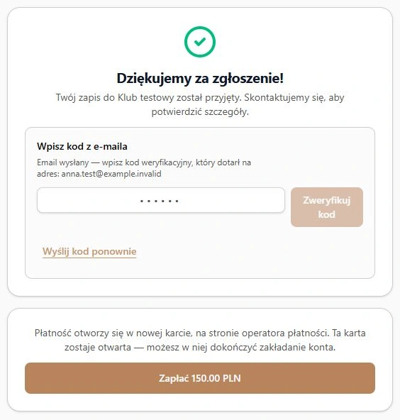 Rzeczywisty ekran naboru z kodem konta i linkiem płatności — kontrolowana odpowiedź lokalna; ilustracja nie przedstawia strony operatora ani wykonanej transakcji