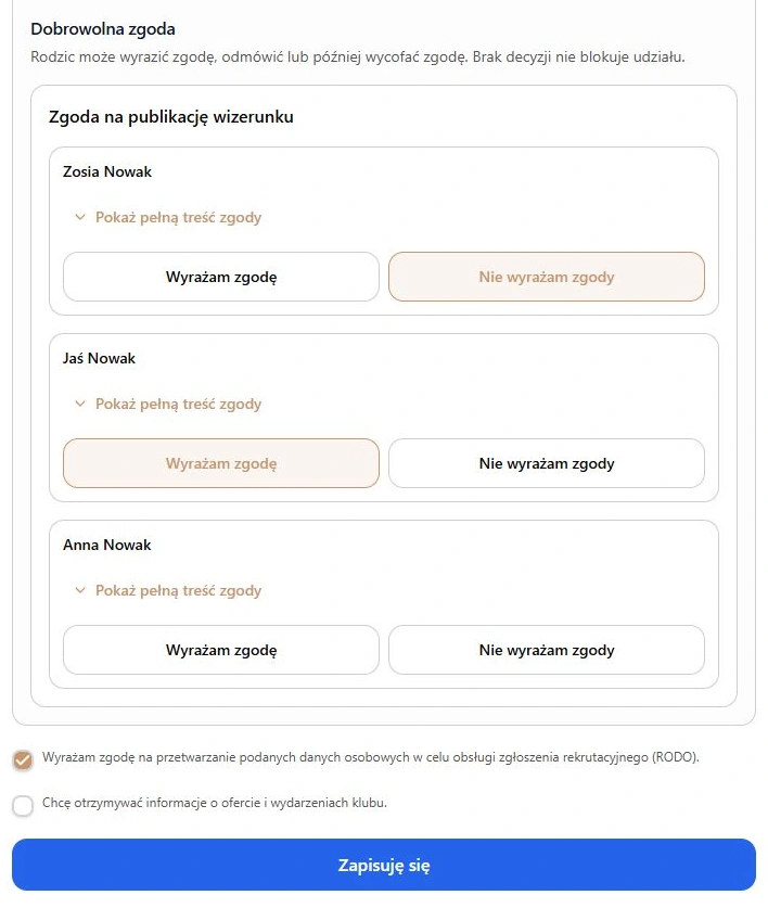 Oddzielne dobrowolne decyzje dla trzech osób, RODO i dobrowolny marketing — przed wysłaniem zgłoszenia; fikcyjne dane
