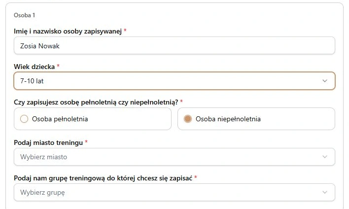 Wariant formularza z przedziałem wieku zamiast daty urodzenia — niepełnoletnia osoba; fikcyjne dane