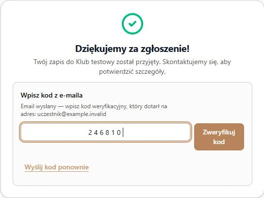 Potwierdzenie zapisu z polem na kod