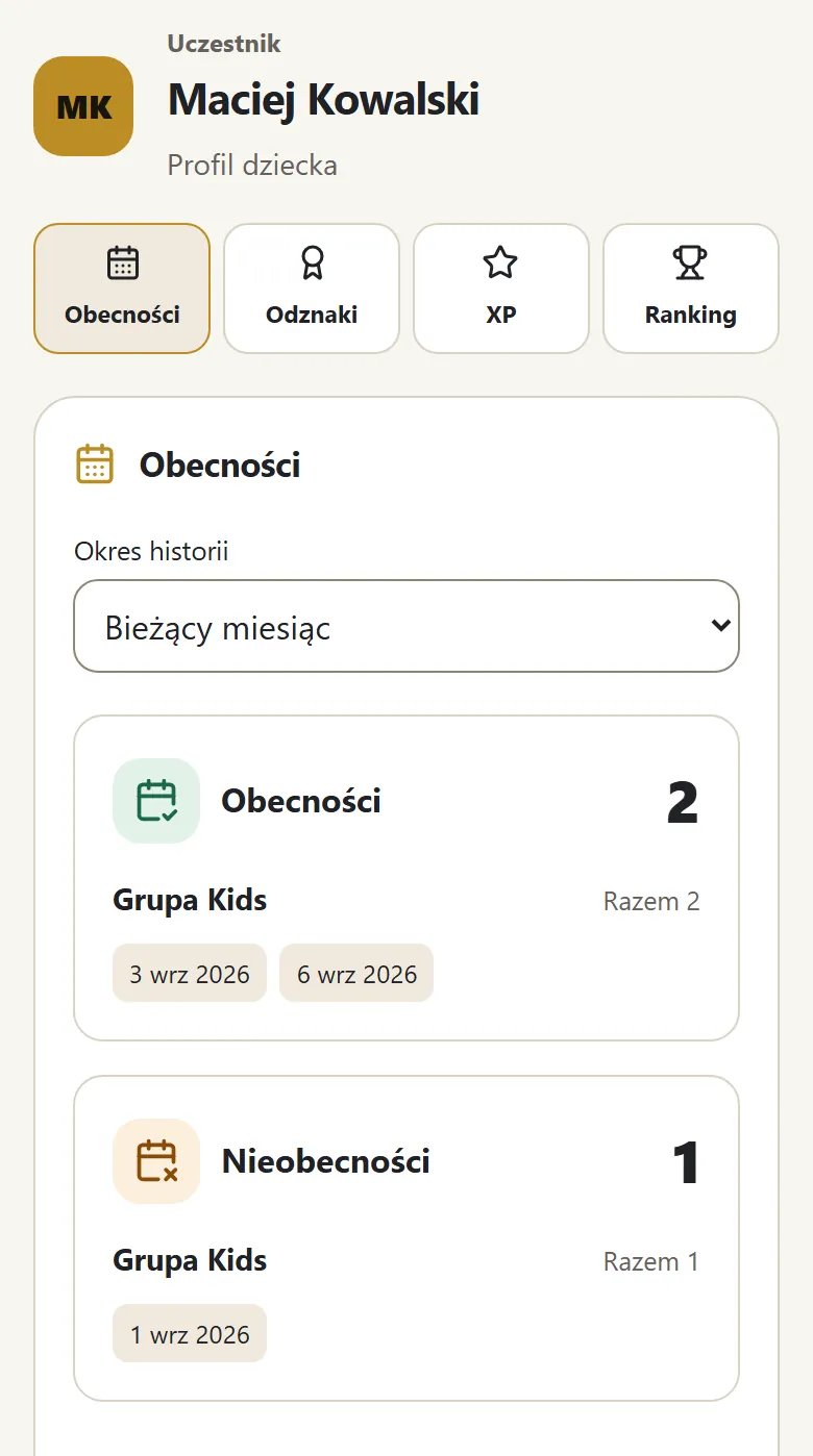 Uczestnik, nawigacja i daty zajęć według grup