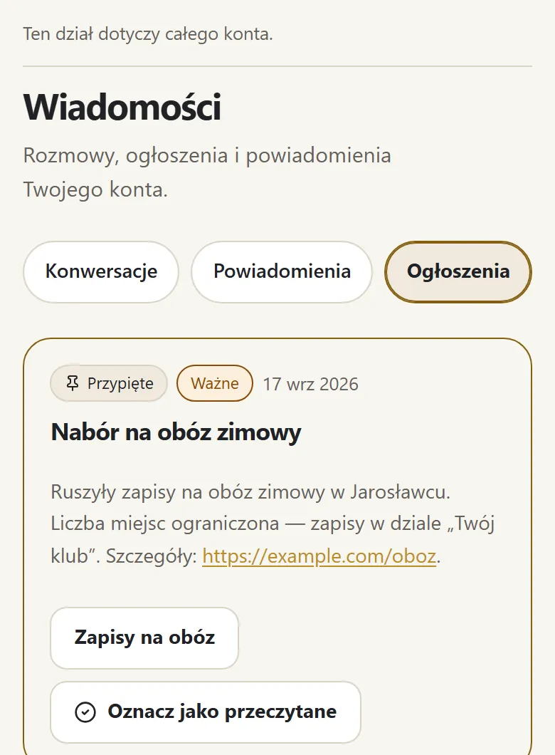 Ogłoszenia klubu