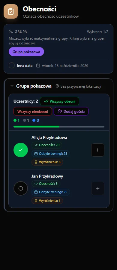 Plus odznaki przy obecnej osobie; przy nieobecnej jest nieaktywny