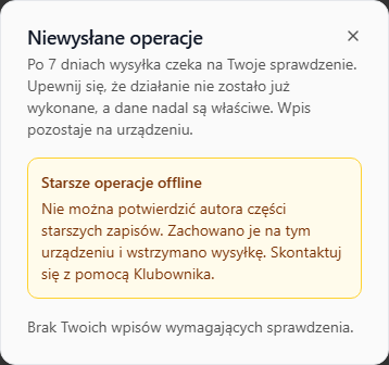 Komunikat o zachowanych starszych operacjach offline, których autora nie można potwierdzić
