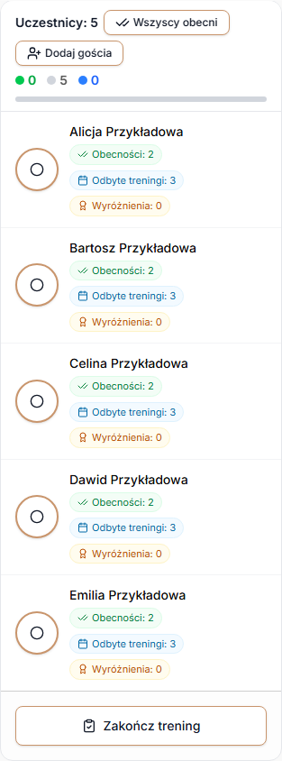 Przycisk Zakończ trening pod listą obecności na telefonie