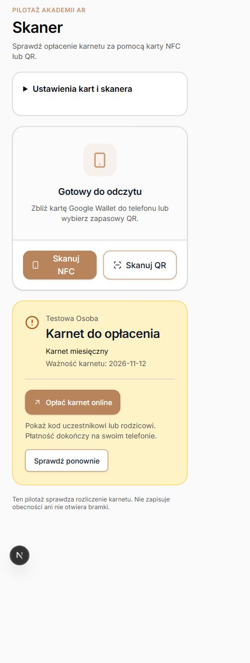 Pilotaż AR — wynik karnetu do opłacenia na rzeczywistym ekranie z danymi syntetycznymi