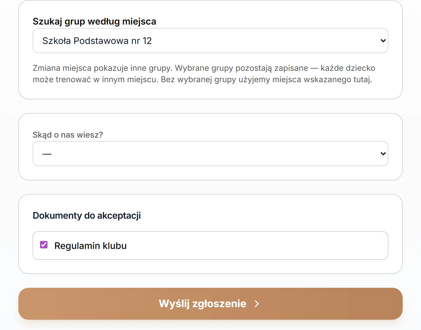 Formularz zapisu — miejsce, dokumenty i wysłanie