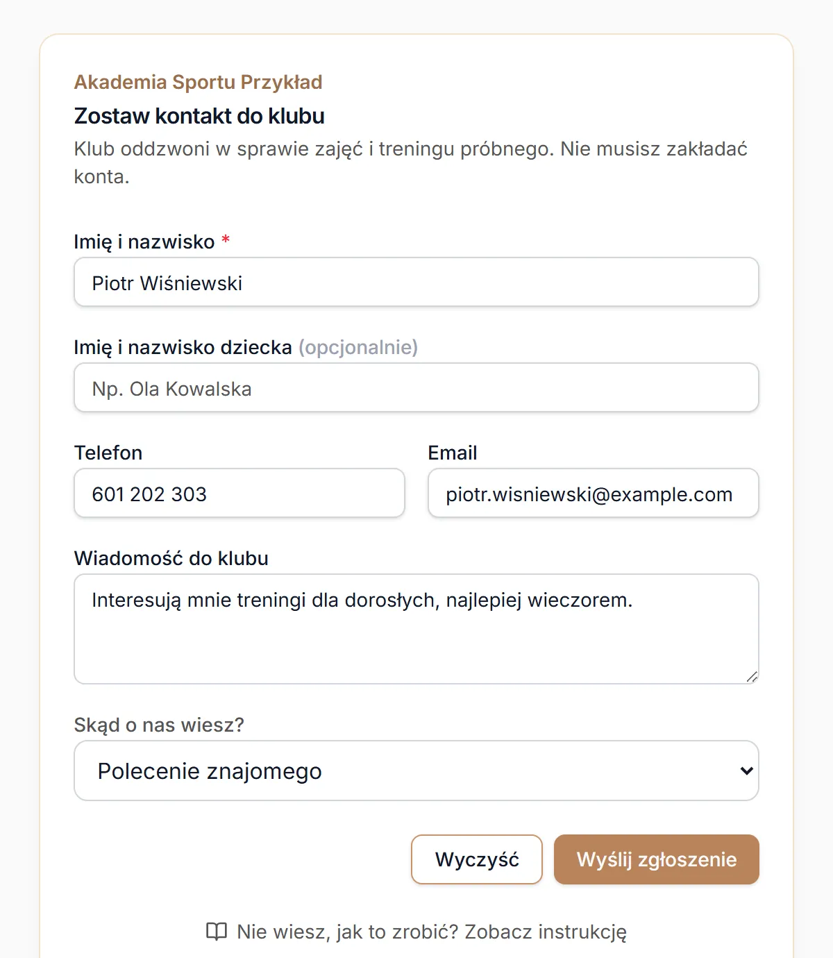 Formularz „Zostaw kontakt do klubu”