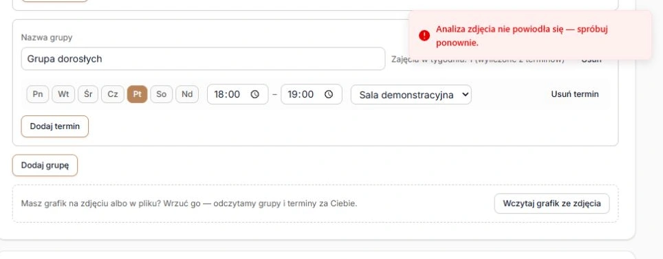 Błąd odczytu grafiku i przycisk ponownego wyboru pliku