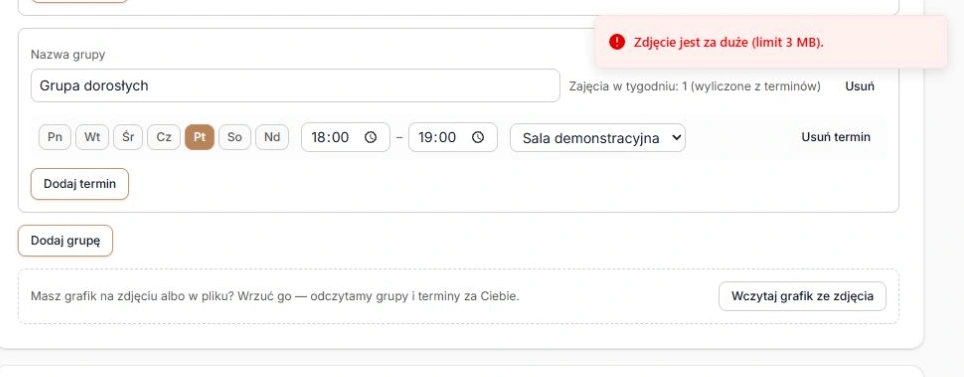 Zbyt duży plik zatrzymany przed analizą i ponowny wybór zdjęcia