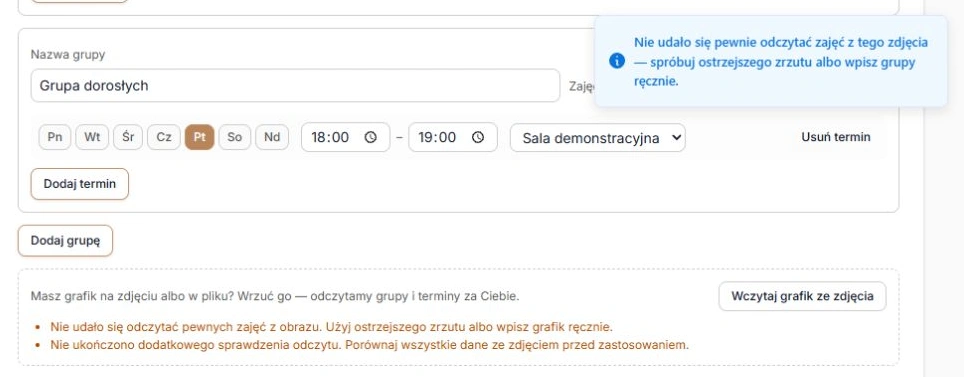 Pusty wynik analizy z zachowaną listą grup