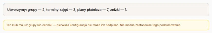Istniejące grupy lub cenniki blokują pierwsze uruchomienie