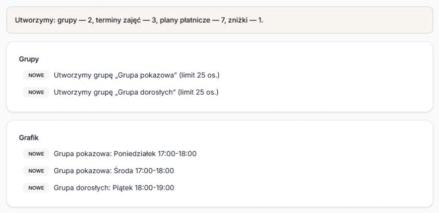 Pierwsze uruchomienie — liczby, nowe grupy i terminy