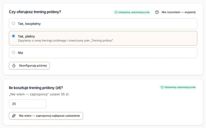 Płatny trening próbny i cena odtworzone z jednego istniejącego planu