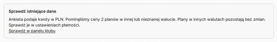 Informacja o pominiętych cenach w innych walutach i odnośnik do ustawień płatności