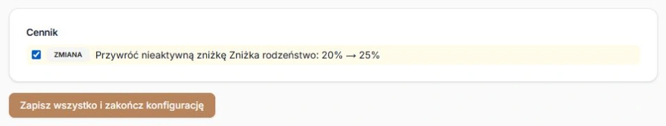 Zaznaczone przywrócenie zniżki i osobne zastosowanie konfiguracji