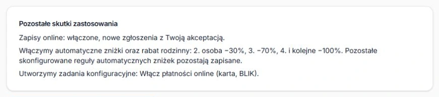Podsumowanie bez zmiany menu — przyjmowanie zapisów, rabat rodzinny i zadanie płatności
