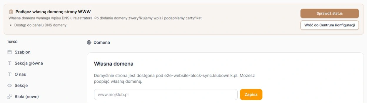 Zadanie własnej domeny otwiera rzeczywisty formularz w sekcji Domena
