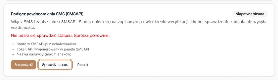 Nieudane sprawdzenie konkretnego zadania — status niepotwierdzony i ręczne ponowienie