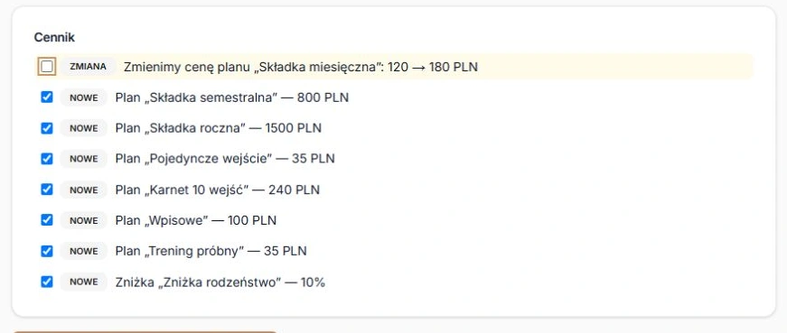 Odznaczona zmiana ceny, nowy plan i propozycja zniżki