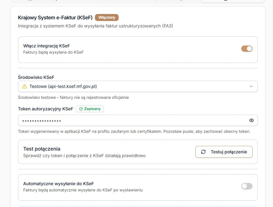 Fakturowanie — włączenie KSeF, środowisko, zapisany token, test i automatyczna wysyłka