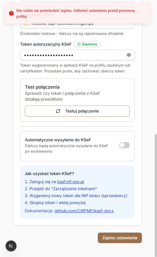 Fakturowanie — brak potwierdzenia po kontrolowanym zapisie fikcyjnych danych