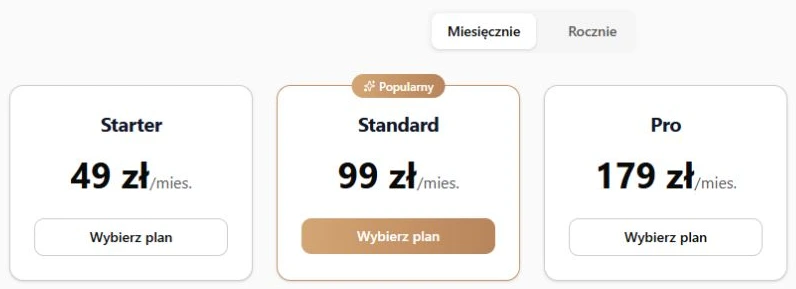 Okres rozliczenia, cena planu i rozpoczęcie wyboru.