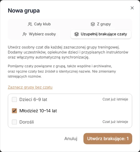 Uzupełnianie czatów istniejących grup — grupy z rozmową są pomijane